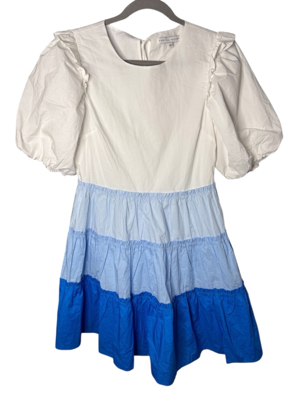 English Factory Blue White Colorblock Ruffle Tiered Mini Dress Puff Sleeve Sz M